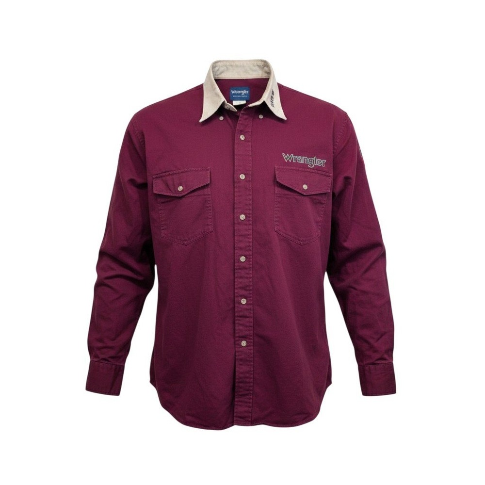 Wrangler Mens Western Shirt Maroon Long Sleeve Button Down Embroidered Large